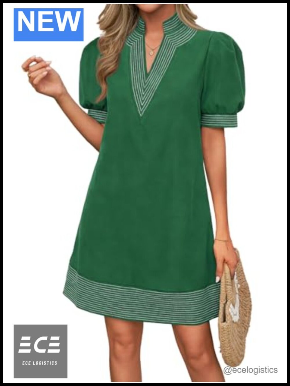 Womens Summer V Neck Puff Short Sleeve Boho Mini Shift Dress with Pockets